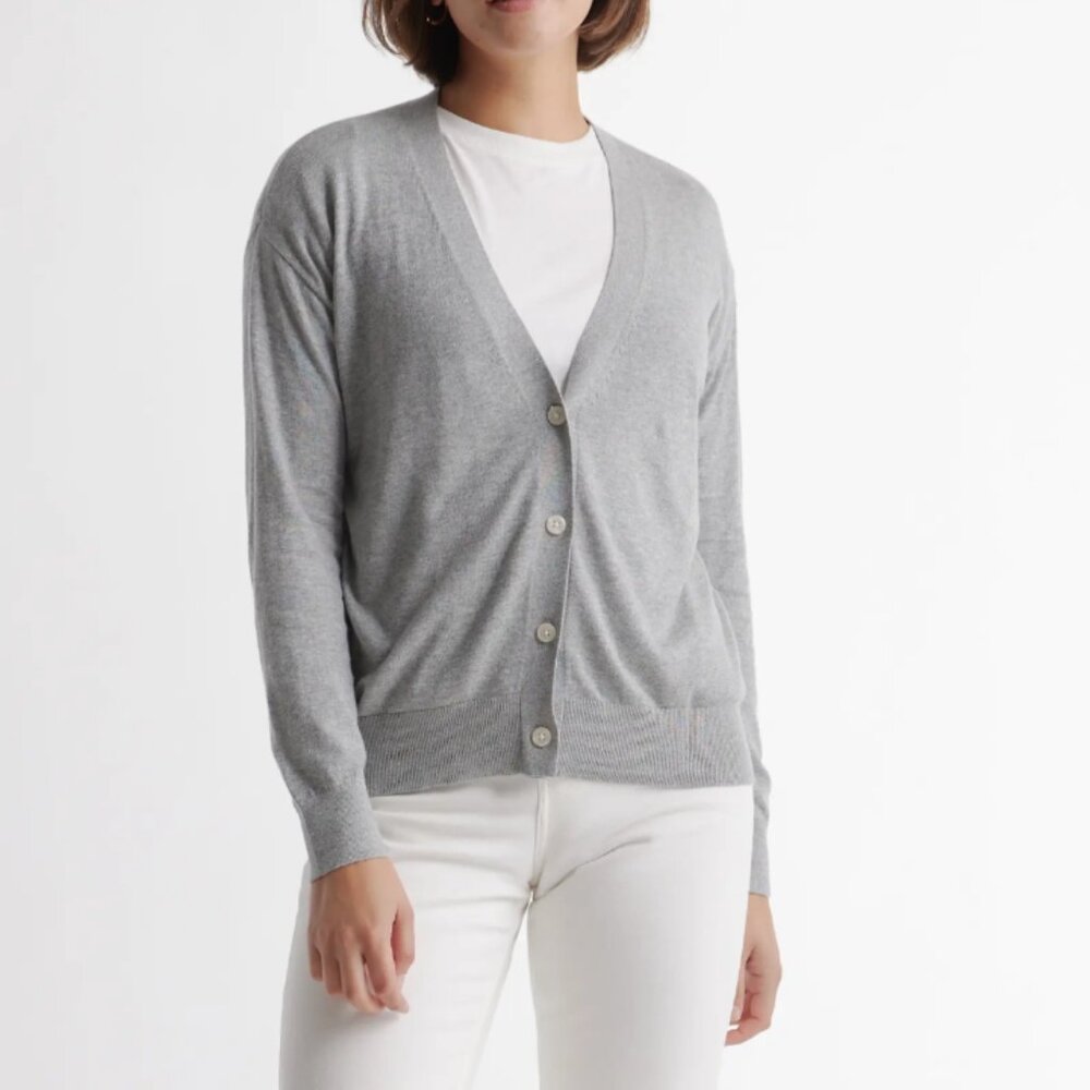 Quince Lightweight Cotton Cashmere Cardigan, Heathered Grey, XS